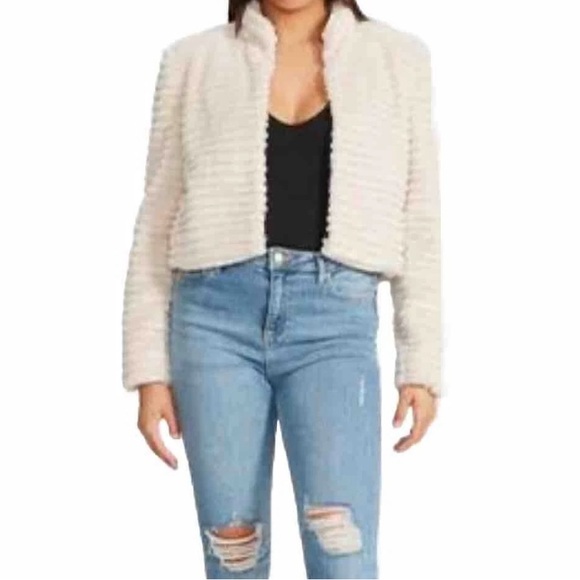 Betsey Johnston Faux Fur Crop Short Jacket Ivory Ribbed Hook Close Super Soft XL - Picture 1 of 14